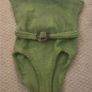 Hunza G Olive Green Terry Cloth One-Piece Swimsuit with Ring Belt